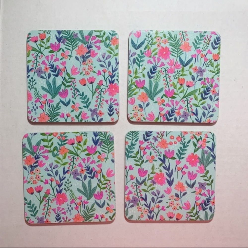 Cup Coasters, Coaster Set, Blue Floral Print Wooden Coasters - Picture 3 of 4
